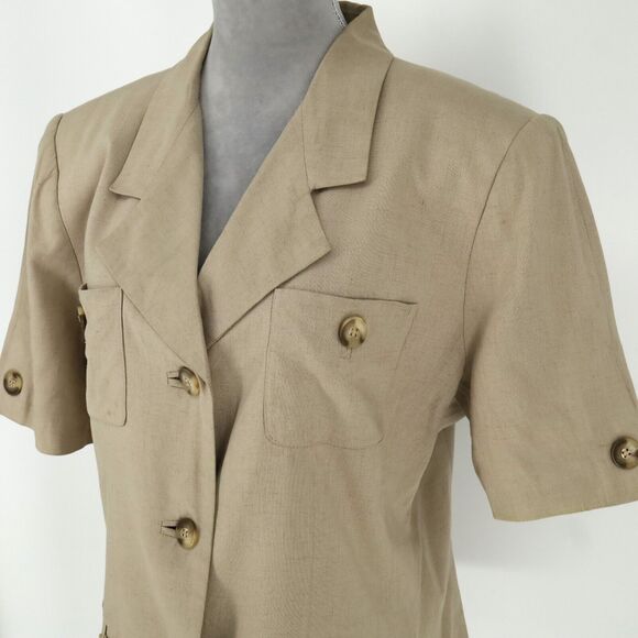 Kasper ASL Jacket Womens 14 Beige Lined Linen Blend Shoulder Pads Safari Career - Picture 6 of 16